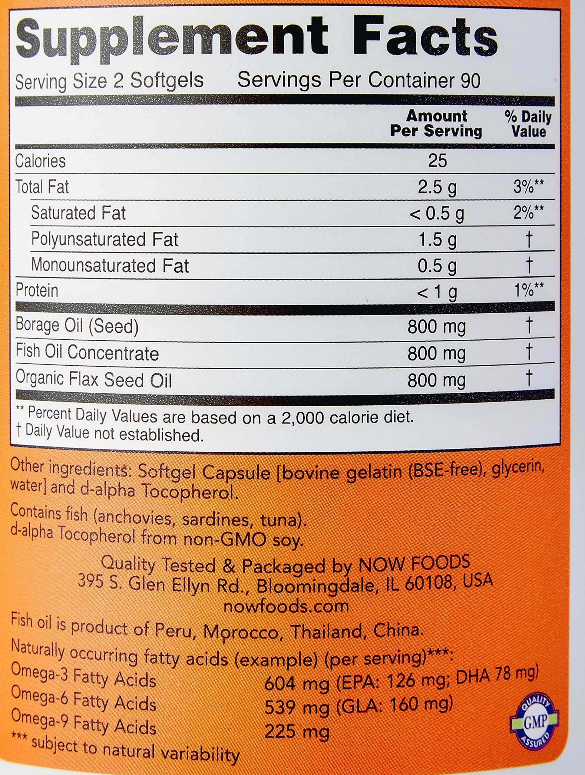 Now Foods Super Omega 3-6-9 supplement label showing Supplement Facts with 2 softgel serv and 800mg borage fish flax oils