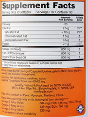 Now Foods Super Omega 3-6-9 supplement label showing Supplement Facts with 2 softgel serv and 800mg borage fish flax oils