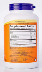 White plastic bottle with purple cap and orange label showing Supplement Facts for Now Foods Super Omega 3-6-9 supplement