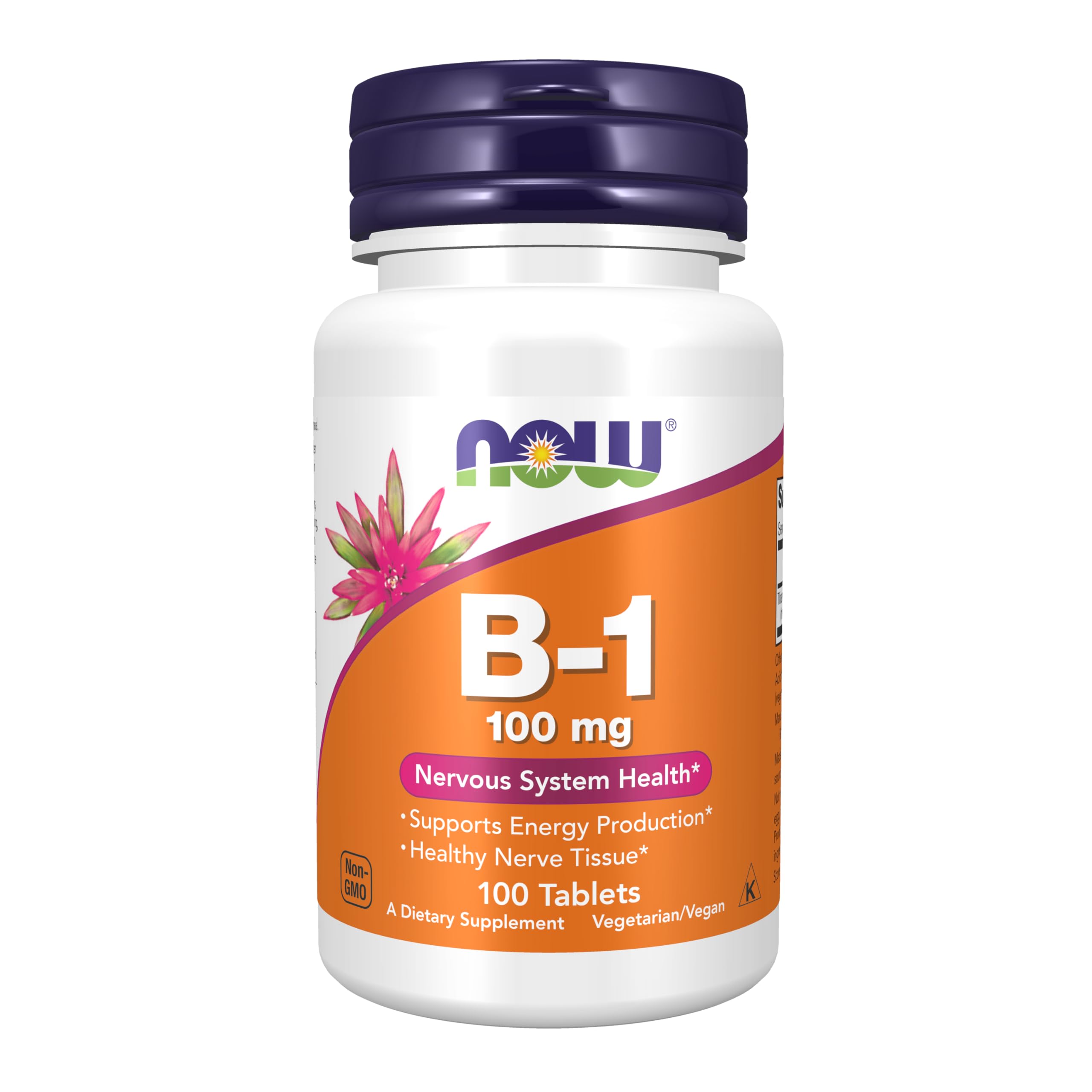 White bottle with purple cap and orange label of Now Foods Vitamin B1 supplement 100 mg B1 tablets