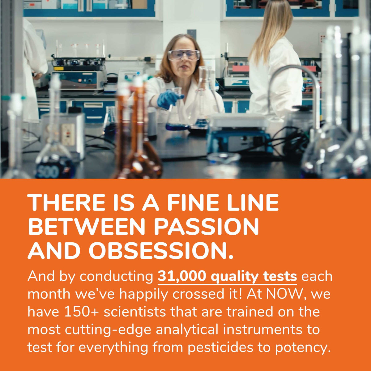 Now Foods Water Out capsules promotional image showing laboratory scientists and testing claims