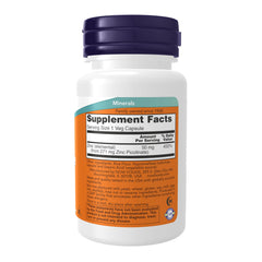 Now Foods zinc capsules white plastic bottle with orange Supplement Facts label and purple cap 50 mg