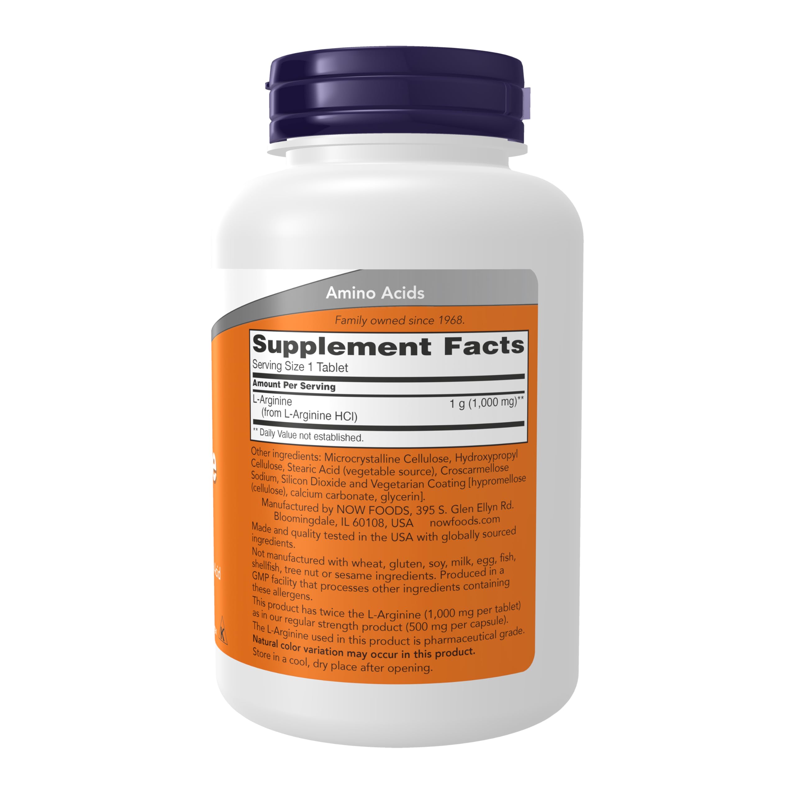 NOW L-Arginine amino acid supplement white bottle with purple cap and orange Supplement Facts label