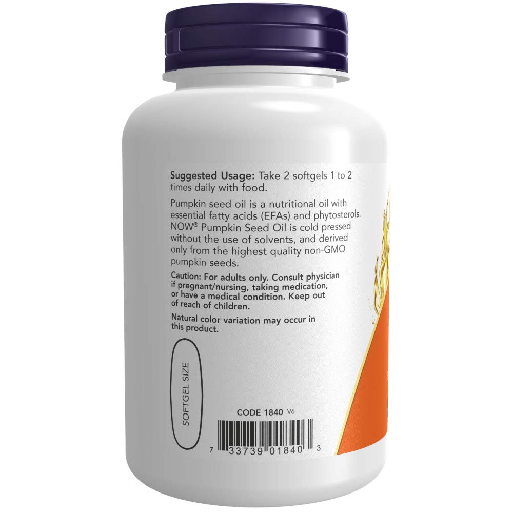 NOW pumpkin seed oil supplement white bottle with purple cap back label and suggested usage