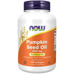 NOW pumpkin seed oil supplement 1000 mg 100 softgels white bottle orange label purple cap