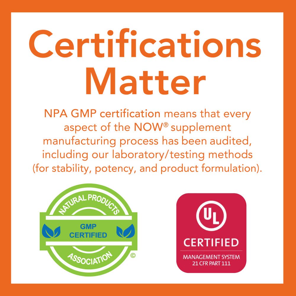 NOW pumpkin seed oil supplement showing GMP certified Natural Products Association seal and UL certified badge