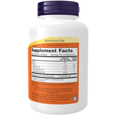 NOW pumpkin seed oil supplement white bottle with purple cap showing Supplement Facts and softgel serving info