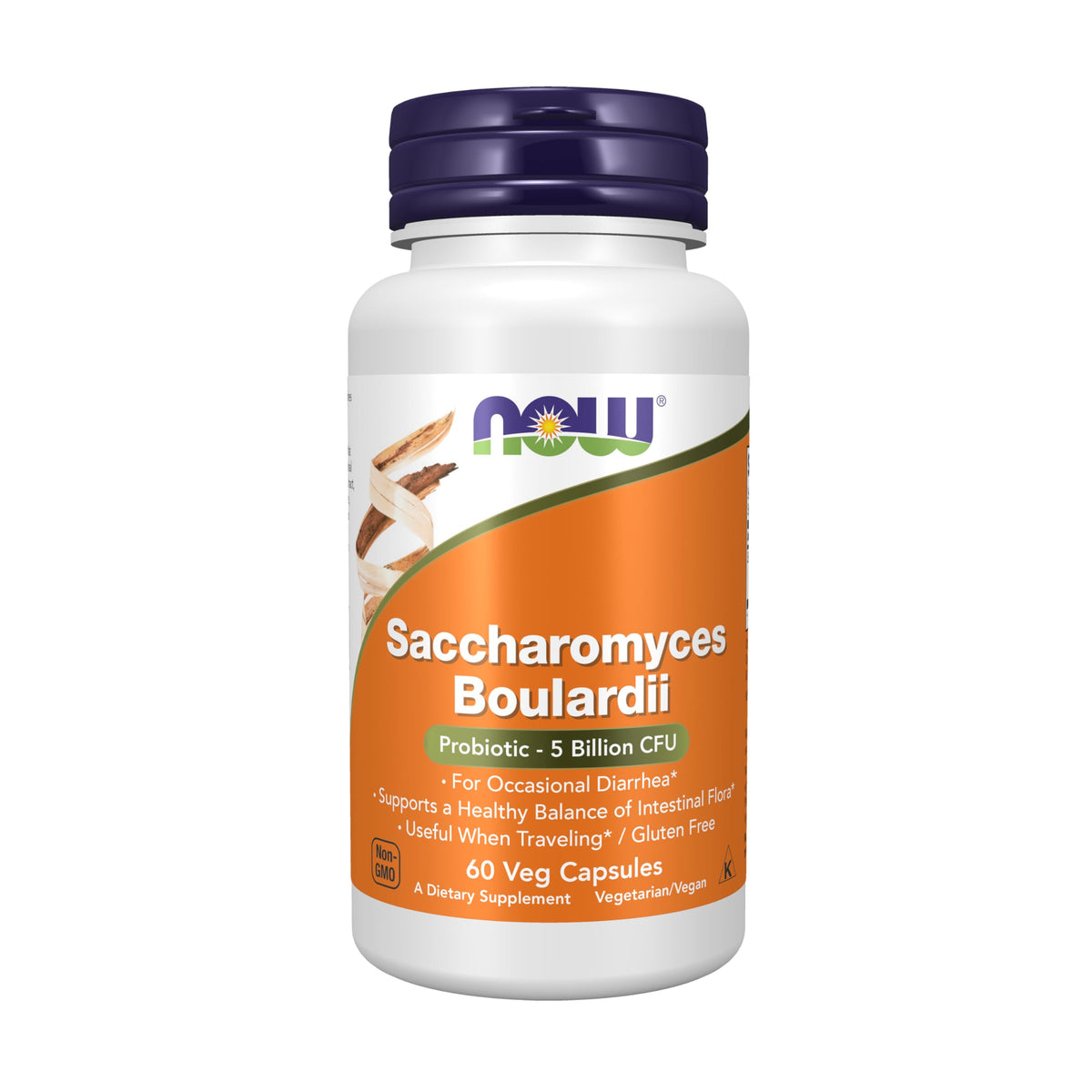 White bottle with purple cap NOW Saccharomyces Boulardii supplement orange label probiotic 5 billion CFU 60 veg capsules
