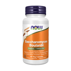 White bottle with purple cap NOW Saccharomyces Boulardii supplement orange label probiotic 5 billion CFU 60 veg capsules