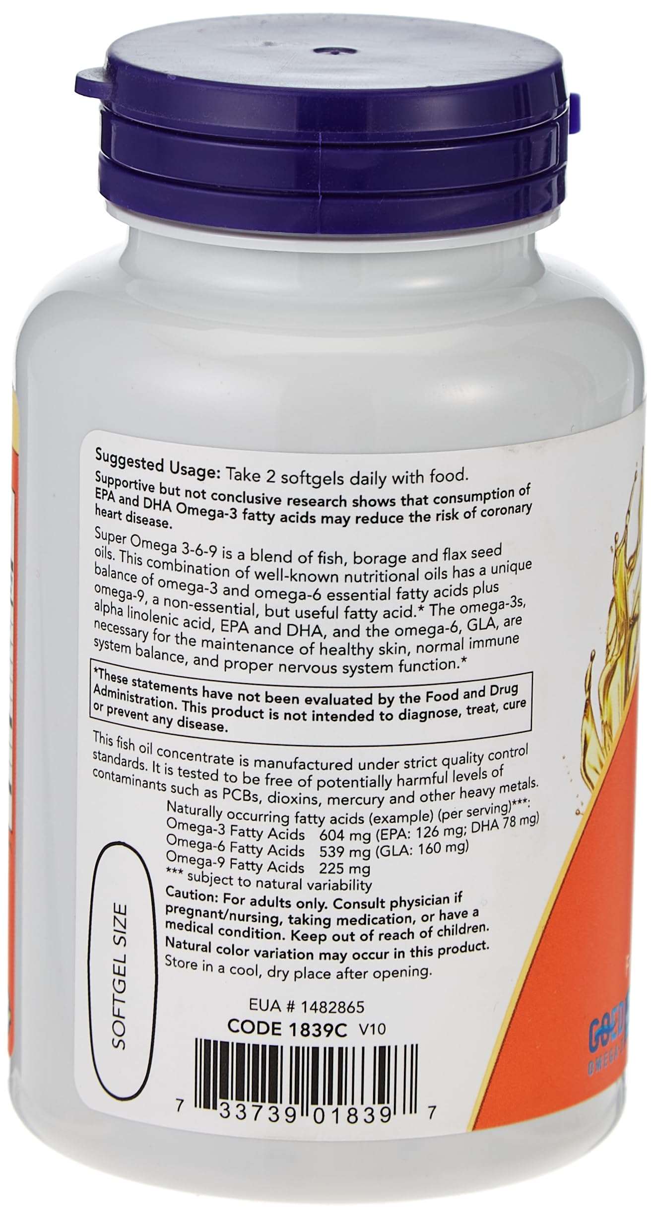 White bottle of Now Super Omega 3-6-9 1200mg softgels. with purple cap and supplement facts label visible