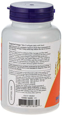 White bottle of Now Super Omega 3-6-9 1200mg softgels. with purple cap and supplement facts label visible