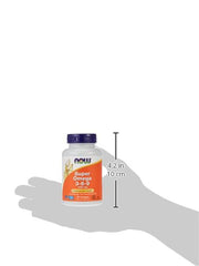Now Super Omega 3-6-9 1200mg softgels bottle by NOW with orange label and purple cap shown in hand for scale
