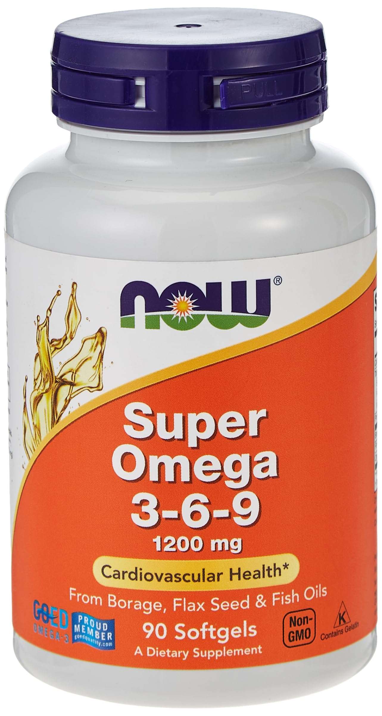Now Super Omega 3-6-9 1200mg softgels white bottle with orange label and purple cap 90 softgels