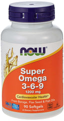 Now Super Omega 3-6-9 1200mg softgels white bottle with orange label and purple cap 90 softgels