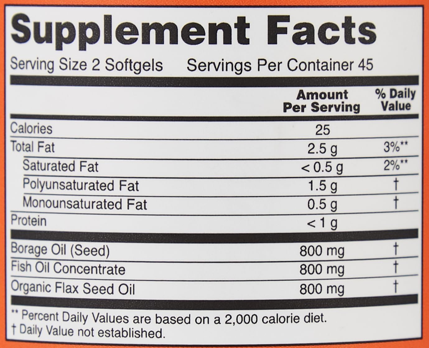NOW Supplement Facts label showing serving size 2 softgels and oils per serving for Now Super Omega 3-6-9 1200mg softgels