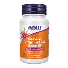 Now Vitamin D3 5000 IU softgels bottle by NOW high potency 120 softgels for bone and immune health