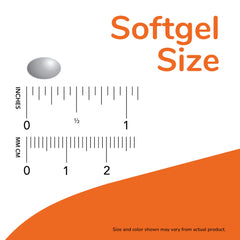 Now Vitamin D3 5000 IU softgels. Gray softgel next to inch and cm rulers showing approximate softgel size