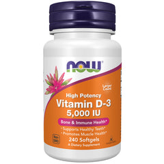 NOW vitamin D3 capsules 5000 IU bottle 240 softgels with orange label and purple cap for bone and immune health