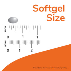 NOW vitamin D3 capsules softgel size shown beside inch and mm rulers with orange branding