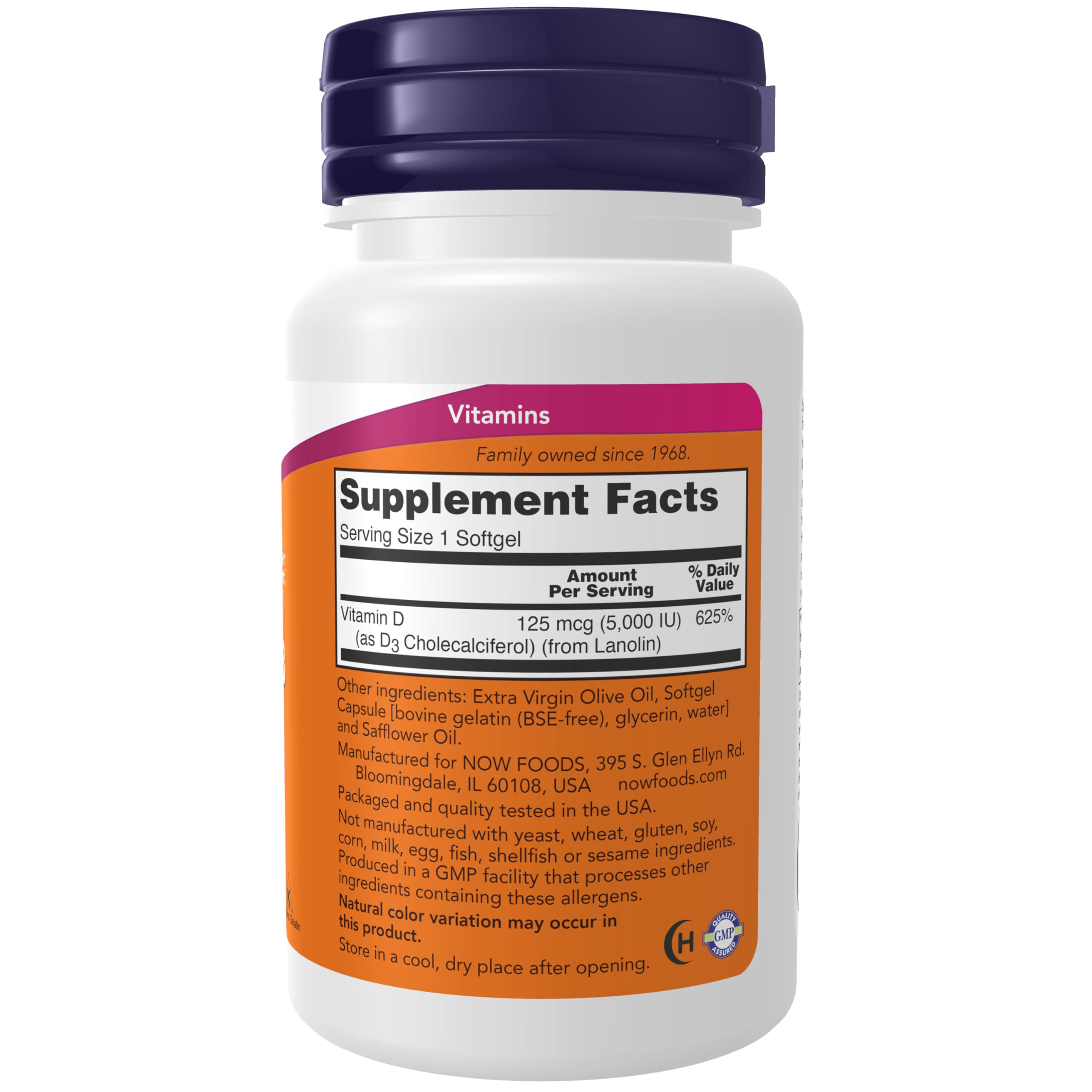 NOW vitamin D3 capsules white bottle with purple cap showing supplement facts label 5000 IU