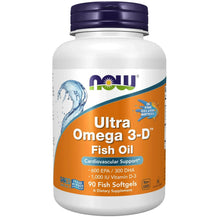 Omega-3 fish oil supplement bottle with dark blue cap, Ultra Omega 3- D label