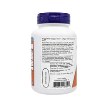 Now Omega-3 softgels bottle, white with blue cap and usage directions text
