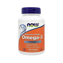 Now Omega-3 softgels bottle, white with blue cap and cardiovascular support badge