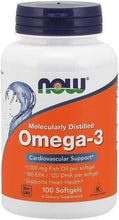 Now Omega-3 softgels bottle, white with blue cap and orange label