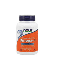 Now Omega-3 softgels bottle, white with blue cap and orange Omega-3 label