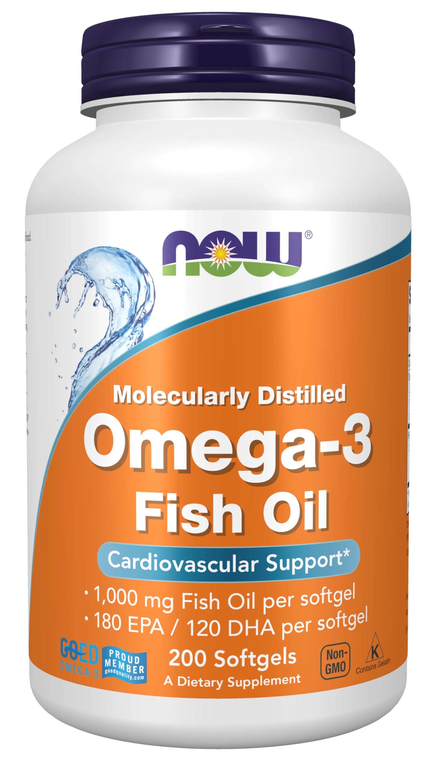 NOW Omega 3 Fish Oil bottle molecularly distilled 200 softgels cardiovascular support 1000 mg omega 3 supplements UAE