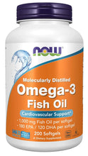NOW Omega-3 fish oil softgels bottle with orange label and blue fish illustration