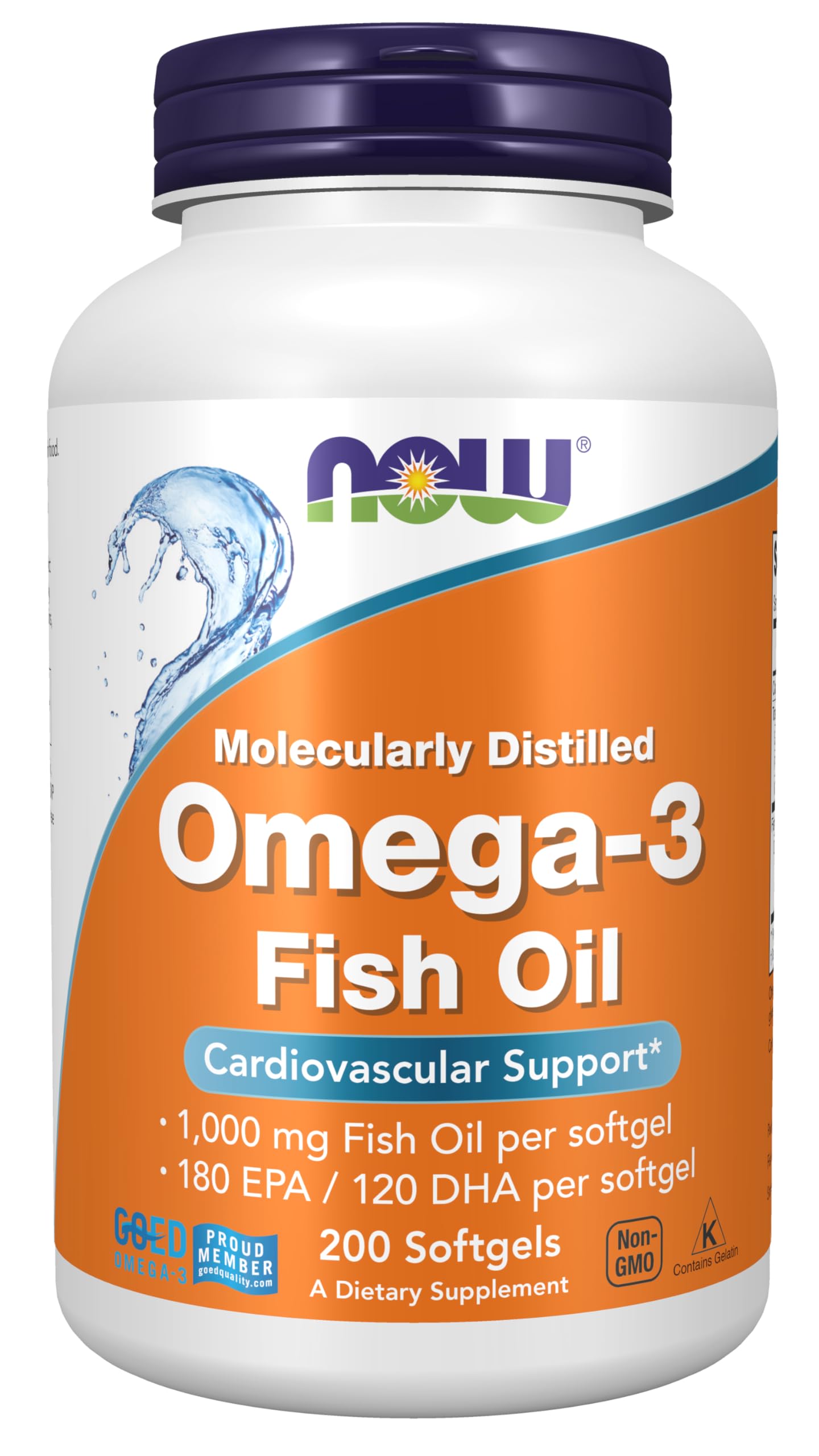 NOW Omega 3 Fish Oil bottle molecularly distilled 200 softgels cardiovascular support 1000 mg omega 3 supplements UAE