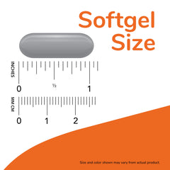 NOW softgel size illustration showing gray omega capsule with rulers for scale omega 3 supplements UAE