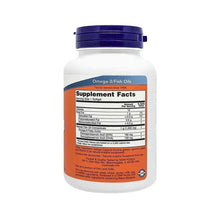 Now Omega-3 softgels bottle, white with blue cap and Supplement Facts panel