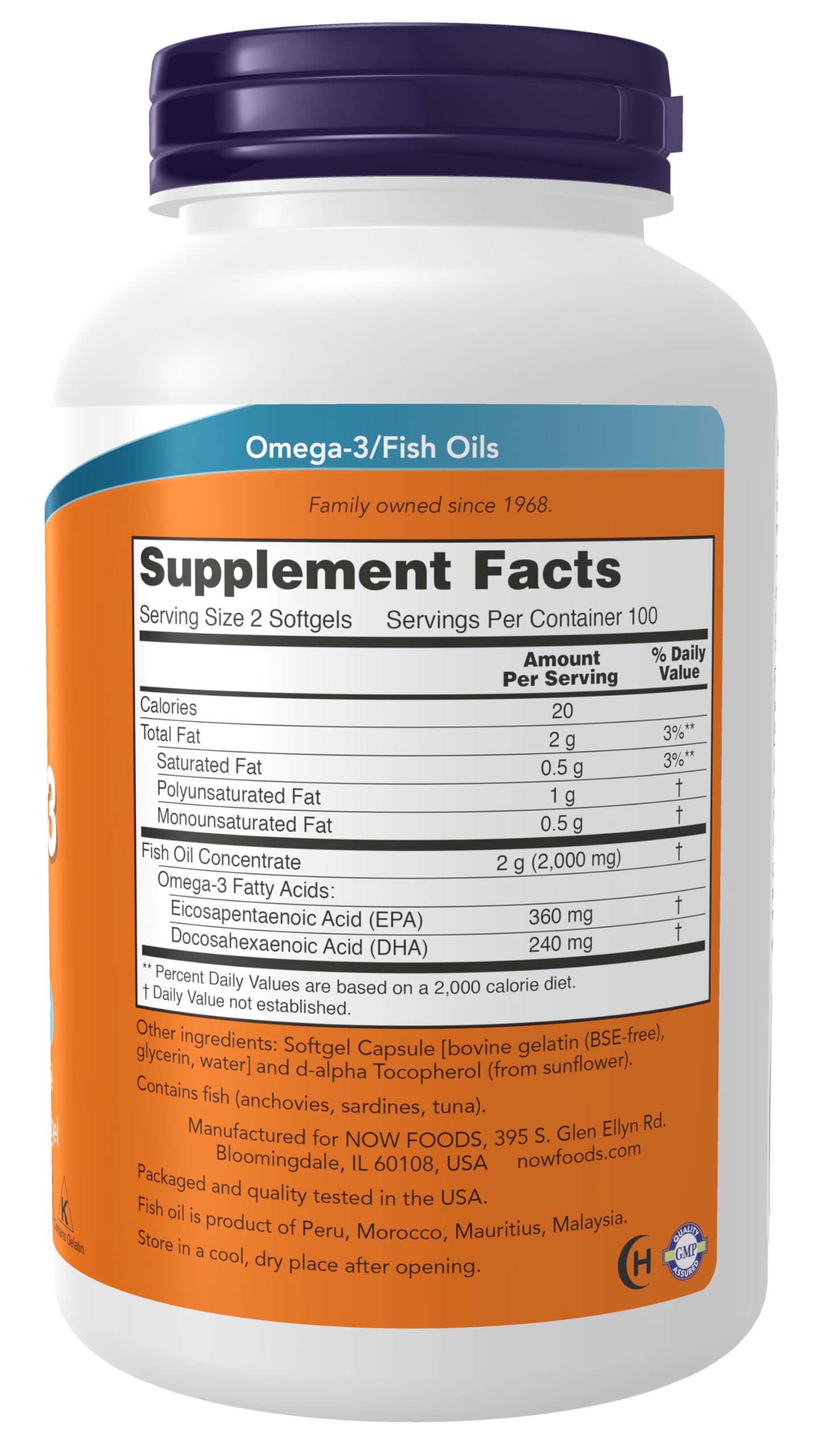 NOW Omega 3 Fish Oil bottle showing Supplement Facts label and softgel details omega 3 supplements UAE