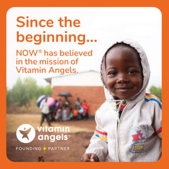 Smiling child in hoodie with Vitamin Angels logo and NOW founding partner text promoting omega 3 supplements UAE