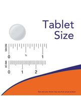 Tablet size guide with round tablet sample and measurement scale