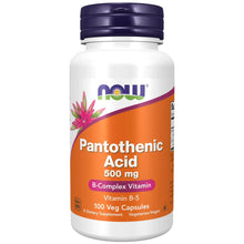 NOW pantothenic acid supplement bottle, white with purple cap and orange label
