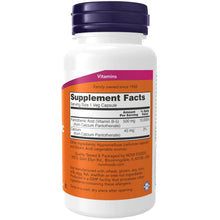 NOW pantothenic acid supplement bottle back label with Supplement Facts panel