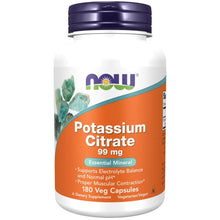 NOW potassium citrate supplement bottle, 180 veggie capsules, front label view