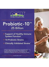 Probiotic-10 product panel with purple text and NOW logo