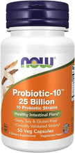 NOW Probiotic-10 bottle with orange label reading 25 Billion and 10 strains