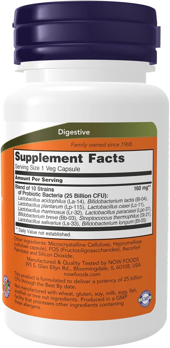 NOW probiotics 25 billion capsules in a white bottle with detailed supplement facts label