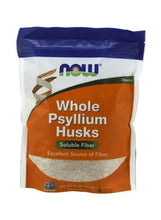 Whole psyllium husks supplement bag, orange label with purple top and NOW logo