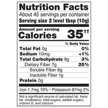 Nutrition Facts label with 35 calories and dietary fiber amounts