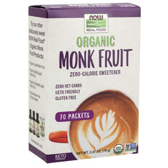 NOW Real Food organic monk fruit sweetener 70 packet box zero calorie sweetener keto friendly latte art