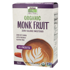NOW Real Food box of organic monk fruit sweetener 70 packets zero calorie keto friendly