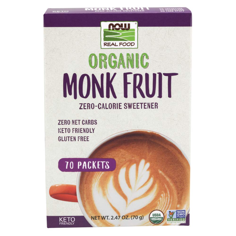 NOW Real Food box of organic monk fruit sweetener 70 packets zero calorie sweetener latte cup image