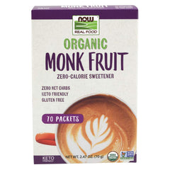 NOW Real Food box of organic monk fruit sweetener 70 packets zero calorie sweetener latte cup image