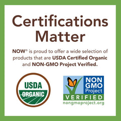 NOW Certifications Matter sign showing USDA Organic and Non GMO Project Verified logos for organic monk fruit sweetener